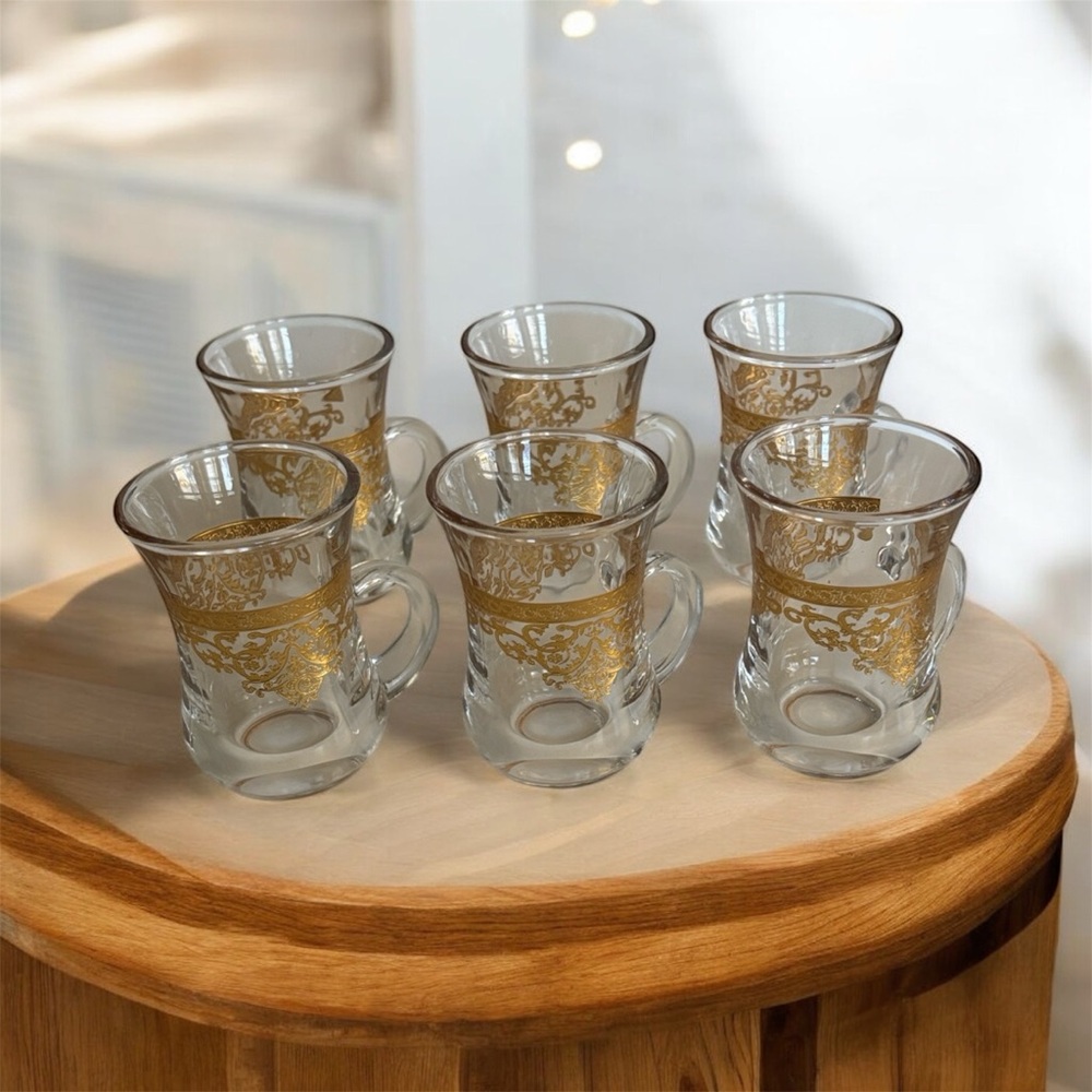 Gold-Accented Glass Tea Cups Set